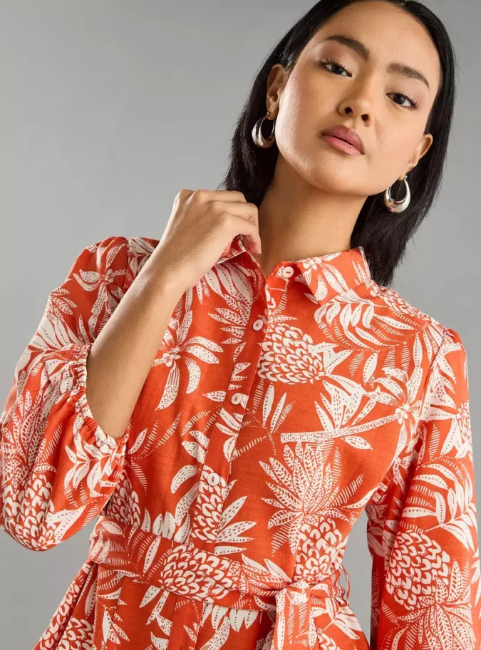 All-Over Leaf Print Shirt Dress with Tie-Up Belt-3