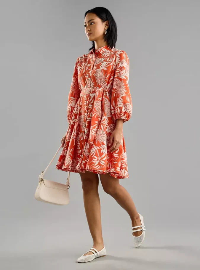 All-Over Leaf Print Shirt Dress with Tie-Up Belt-4