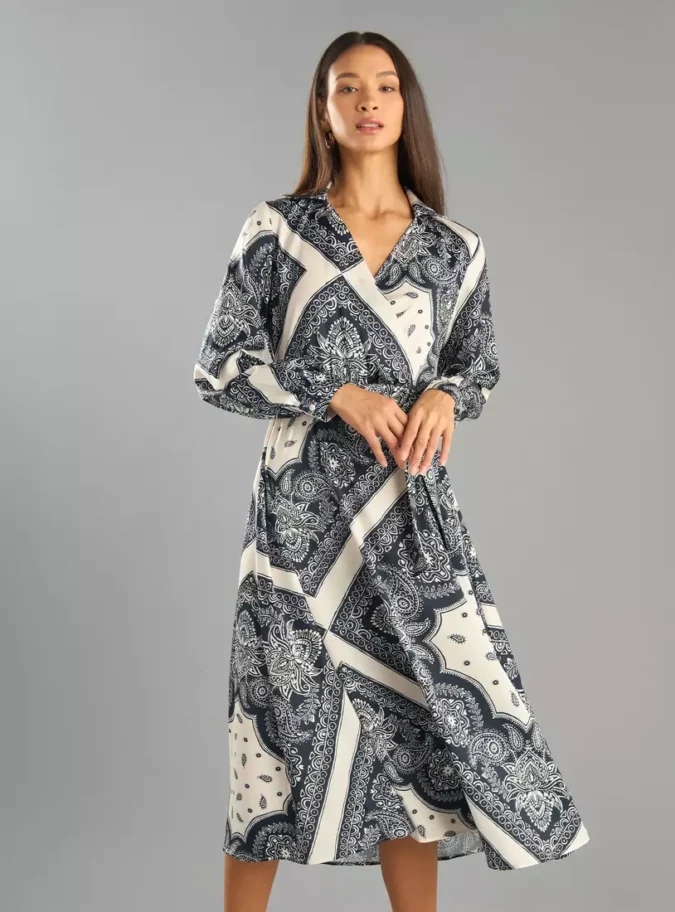 All-Over Paisley Print Midi Dress with Tie-Up Belt-1