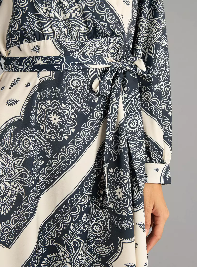 All-Over Paisley Print Midi Dress with Tie-Up Belt-3