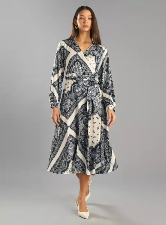 All-Over Paisley Print Midi Dress with Tie-Up Belt-4