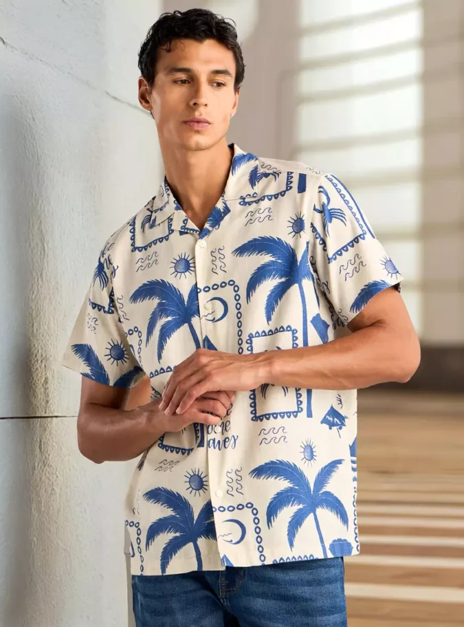 All-Over Tropical Print Camp Collar Shirt-1