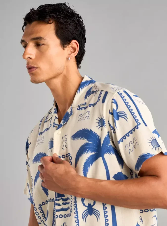 All-Over Tropical Print Camp Collar Shirt-3