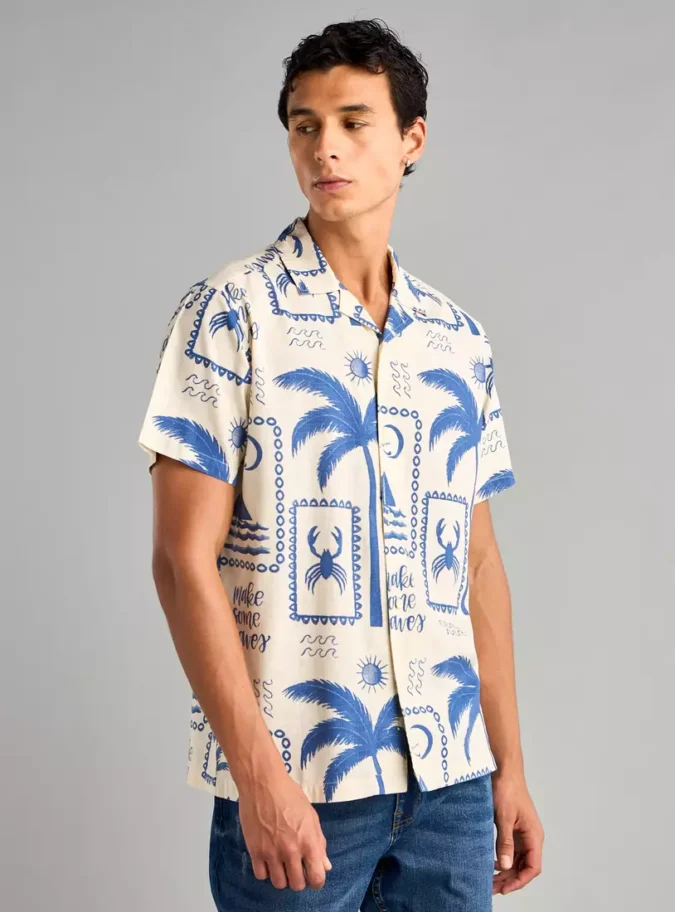 All-Over Tropical Print Camp Collar Shirt-4