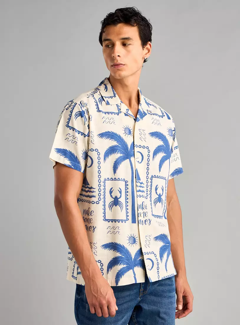 All-Over Tropical Print Camp Collar Shirt-4