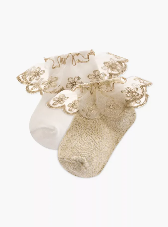 Barefeet Floral Lace Ankle Length Socks with Frill Detail - Set of 2-1