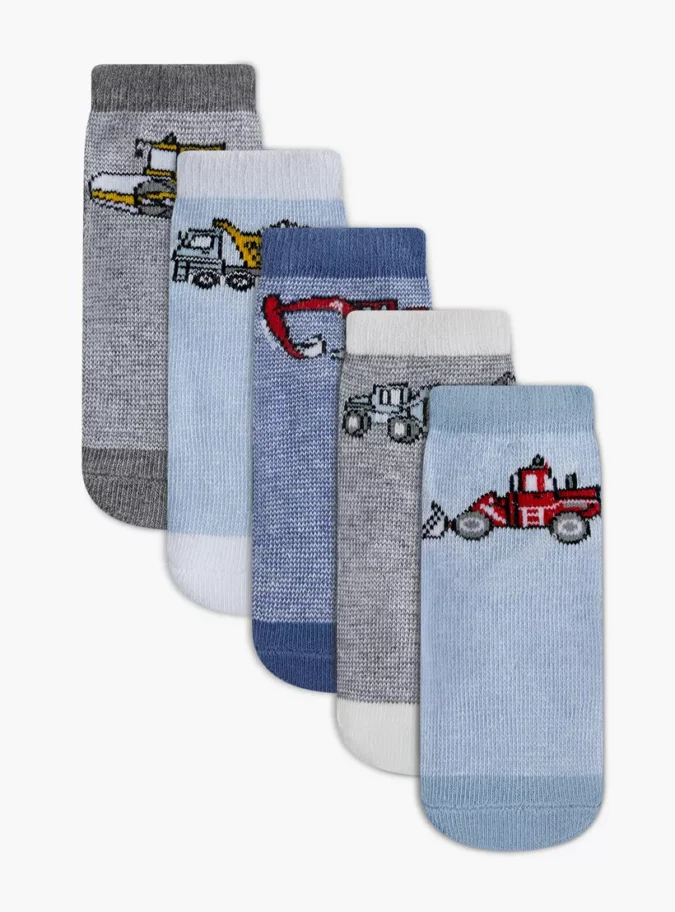 Barefeet Vehicle Print Non-Terry Ankle Length Socks - Set of 5-1