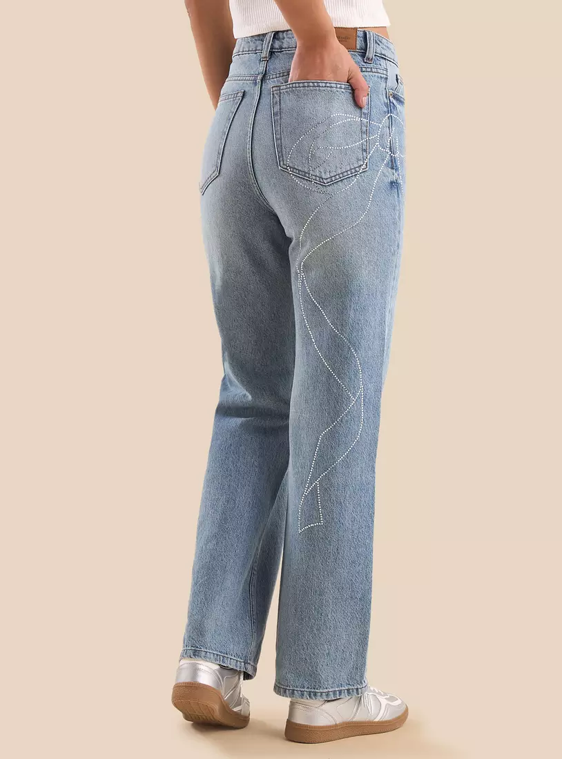 Bow Embellished Straight Fit Jeans-2