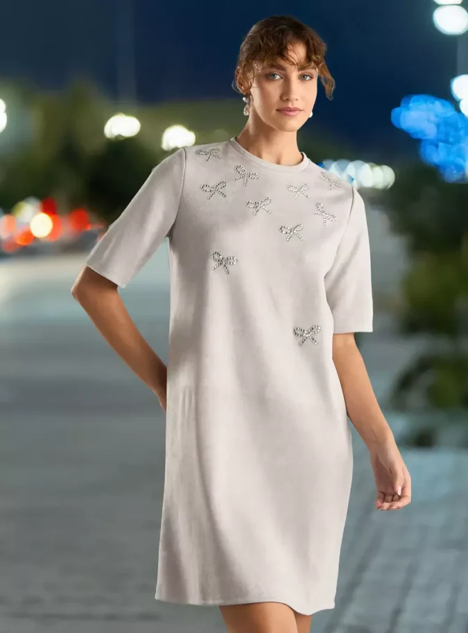 Bow Embellished Suede T-shirt Dress-5