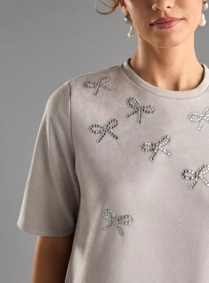 Bow Embellished Suede T-shirt Dress-7