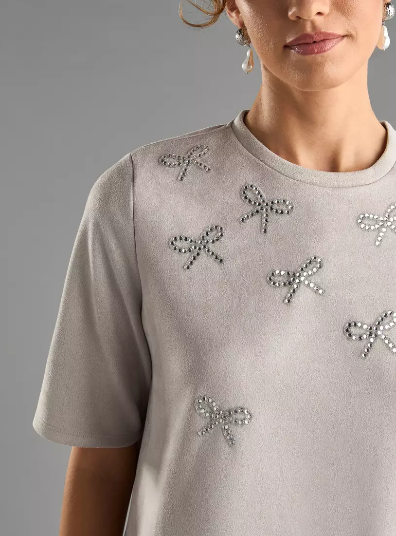 Bow Embellished Suede T-shirt Dress-7