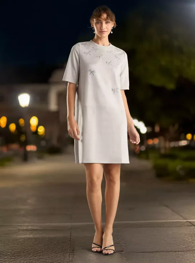 Bow Embellished Suede T-shirt Dress-8
