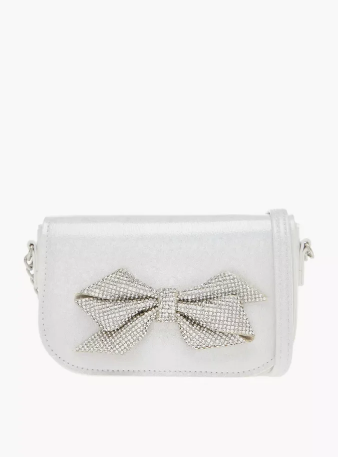 Celeste Bow Embellished Crossbody Bag with Chain Detail Strap and Flap Closure-1