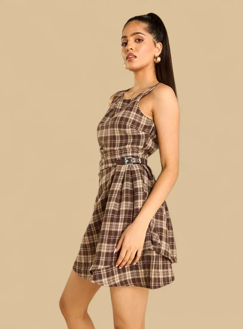 Checked Dress with Buckle Detail-4