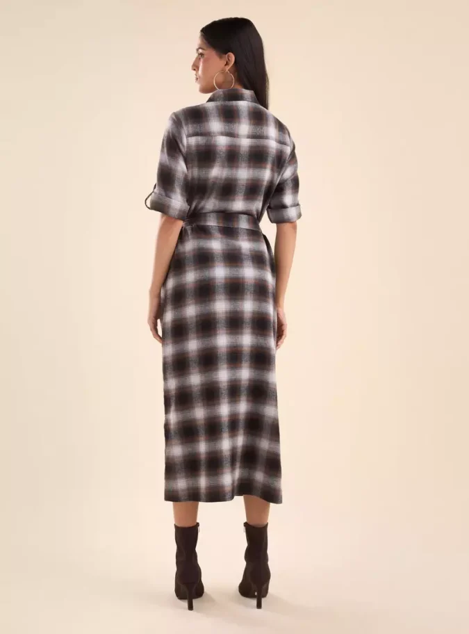 Checked Midi Dress with Tie-Up-2