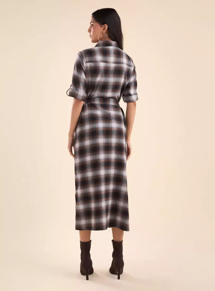 Checked Midi Dress with Tie-Up-2