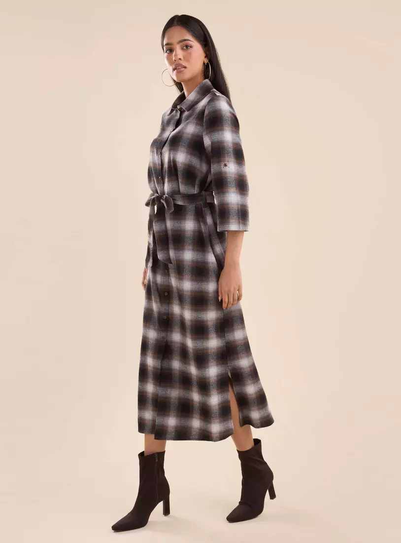 Checked Midi Dress with Tie-Up-4