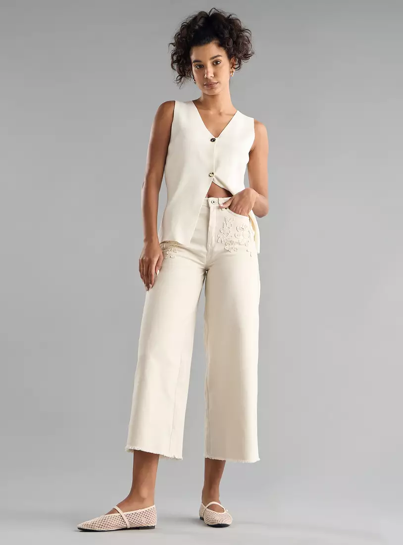 Embroidered High-Rise Ankle Length Pants-4