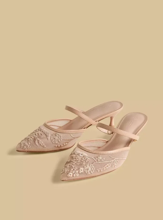 Embroidered Pointed Toe Slip-On Shoes with Kitten Heels-1