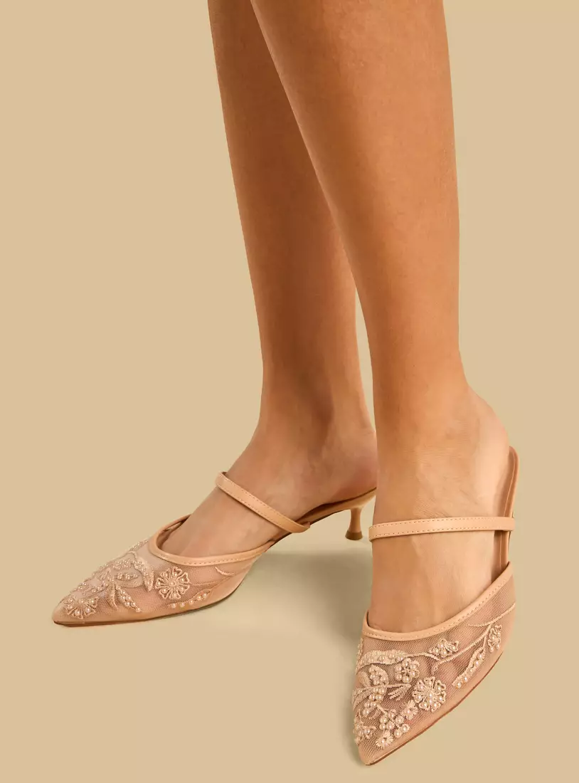 Embroidered Pointed Toe Slip-On Shoes with Kitten Heels-2