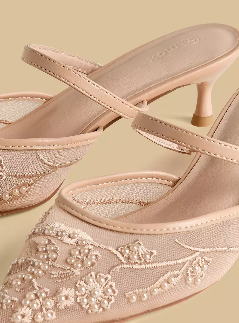 Embroidered Pointed Toe Slip-On Shoes with Kitten Heels-3