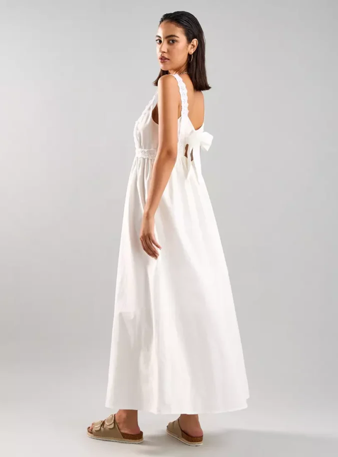 Embroidered Sleeveless Dress with Bow Detail-2