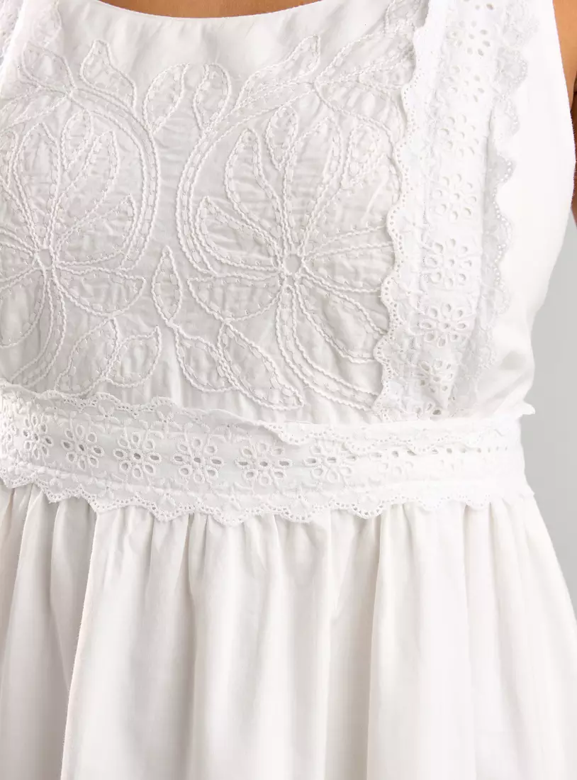 Embroidered Sleeveless Dress with Bow Detail-4