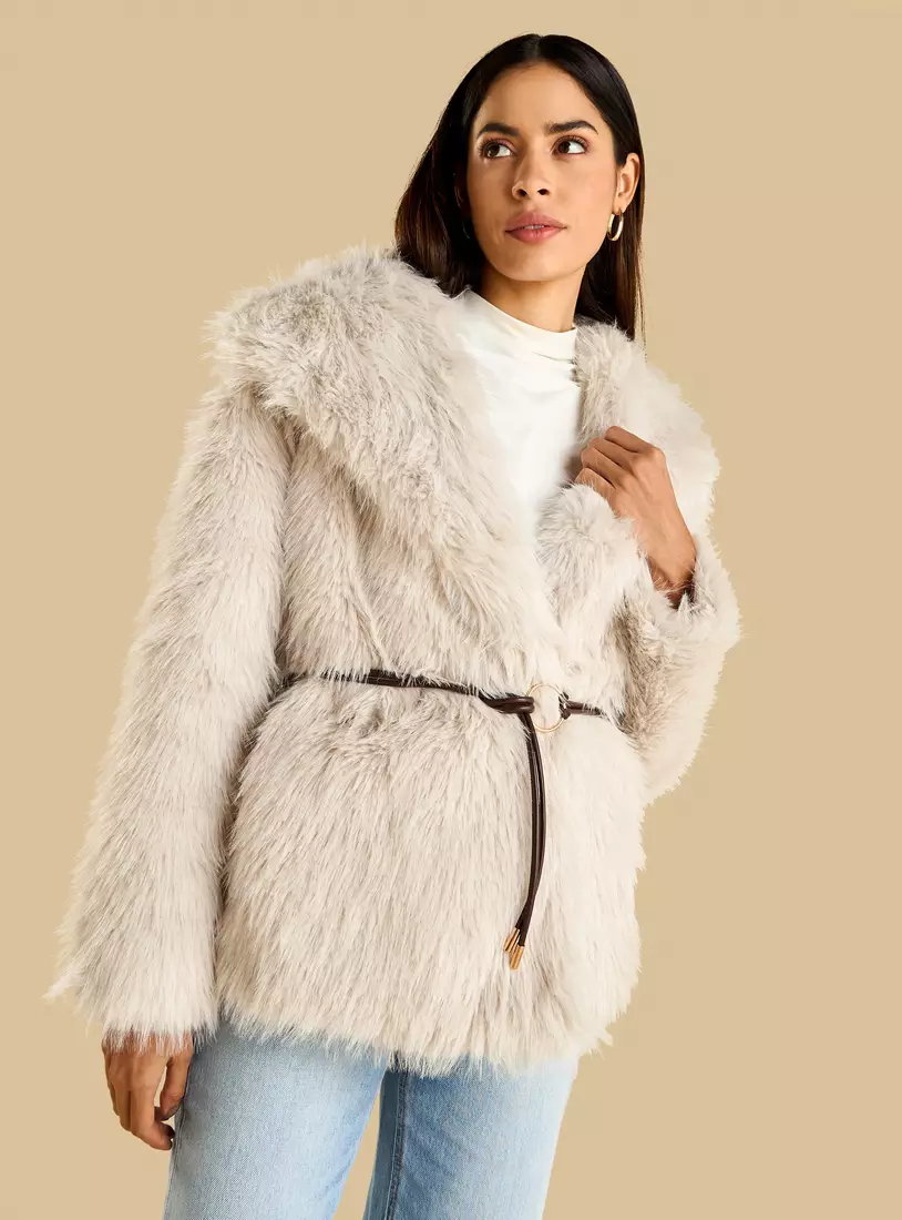 Faux Fur Textured Belted Jacket-4