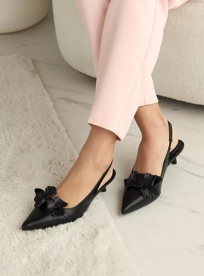 Floral Detail Slingback Kitten Heel Shoes-2