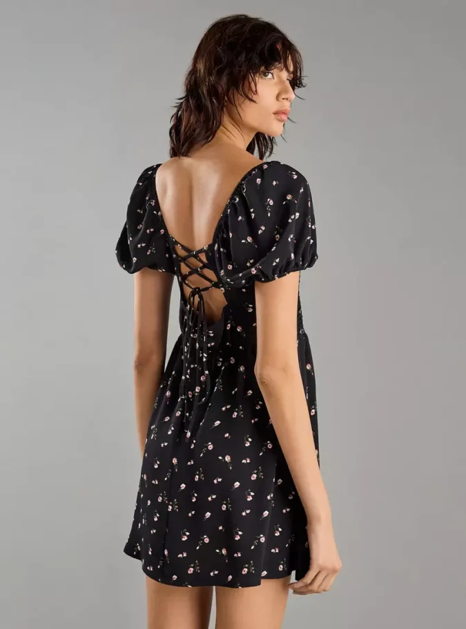 Floral Print Dress with Lace-Up Back-2
