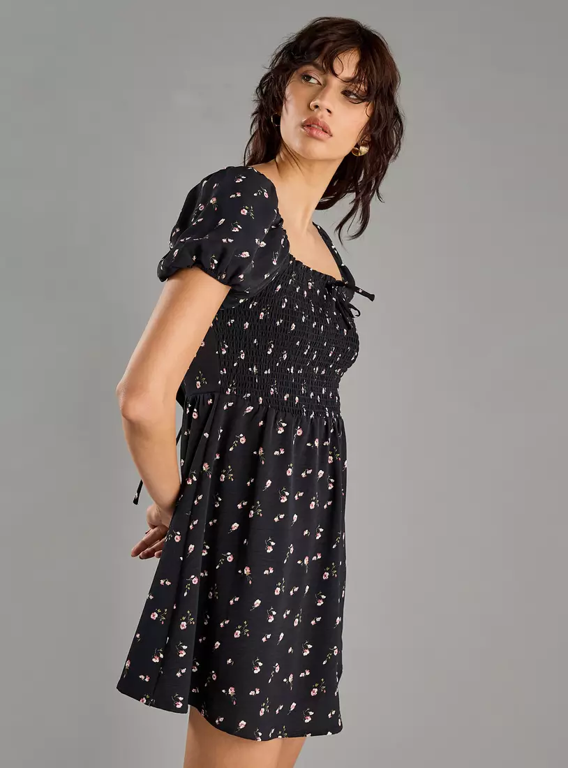 Floral Print Dress with Lace-Up Back-3