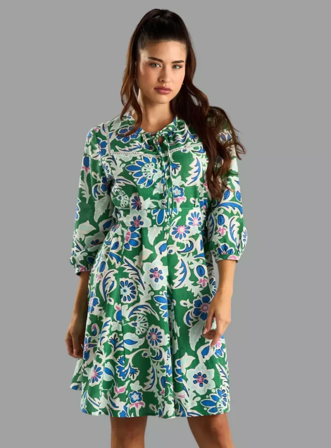 Floral Print Flared Hem Linen Dress-1