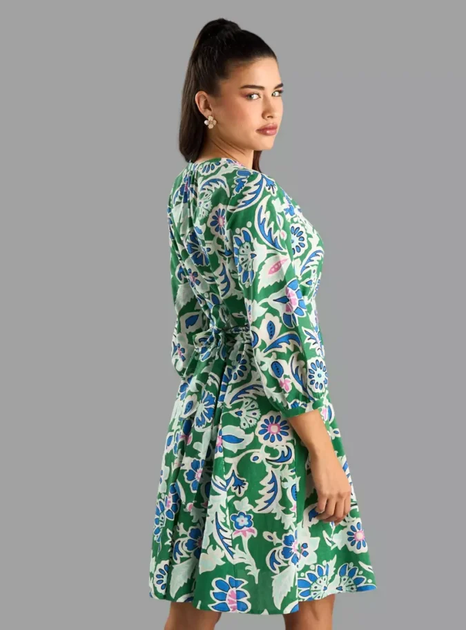 Floral Print Flared Hem Linen Dress-2