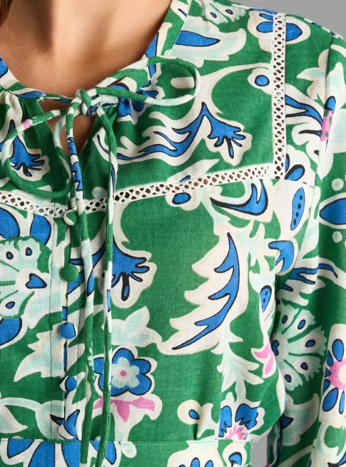 Floral Print Flared Hem Linen Dress-3