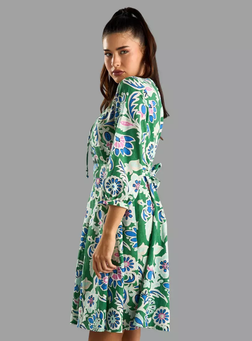 Floral Print Flared Hem Linen Dress-4