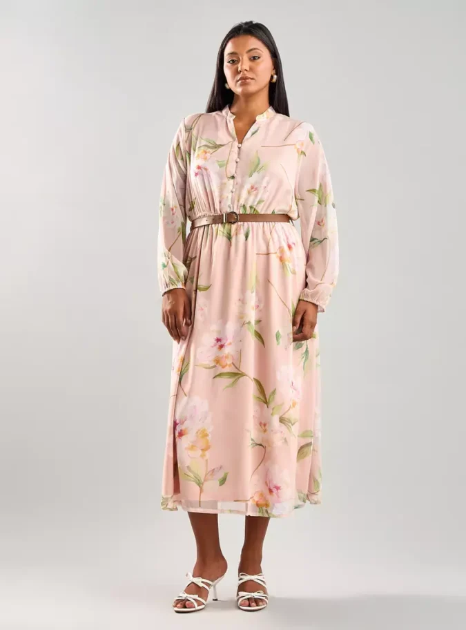 Floral Print Midi Dress with Belt-1