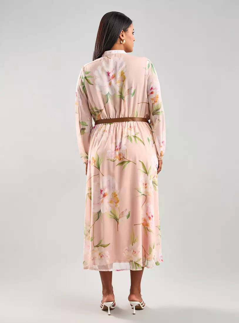 Floral Print Midi Dress with Belt-2