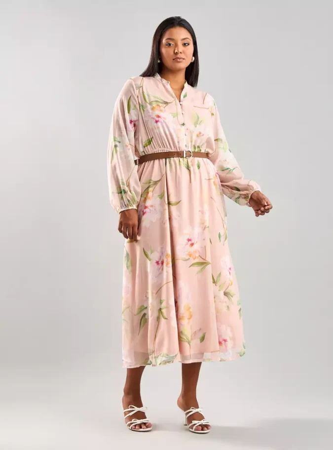 Floral Print Midi Dress with Belt-4