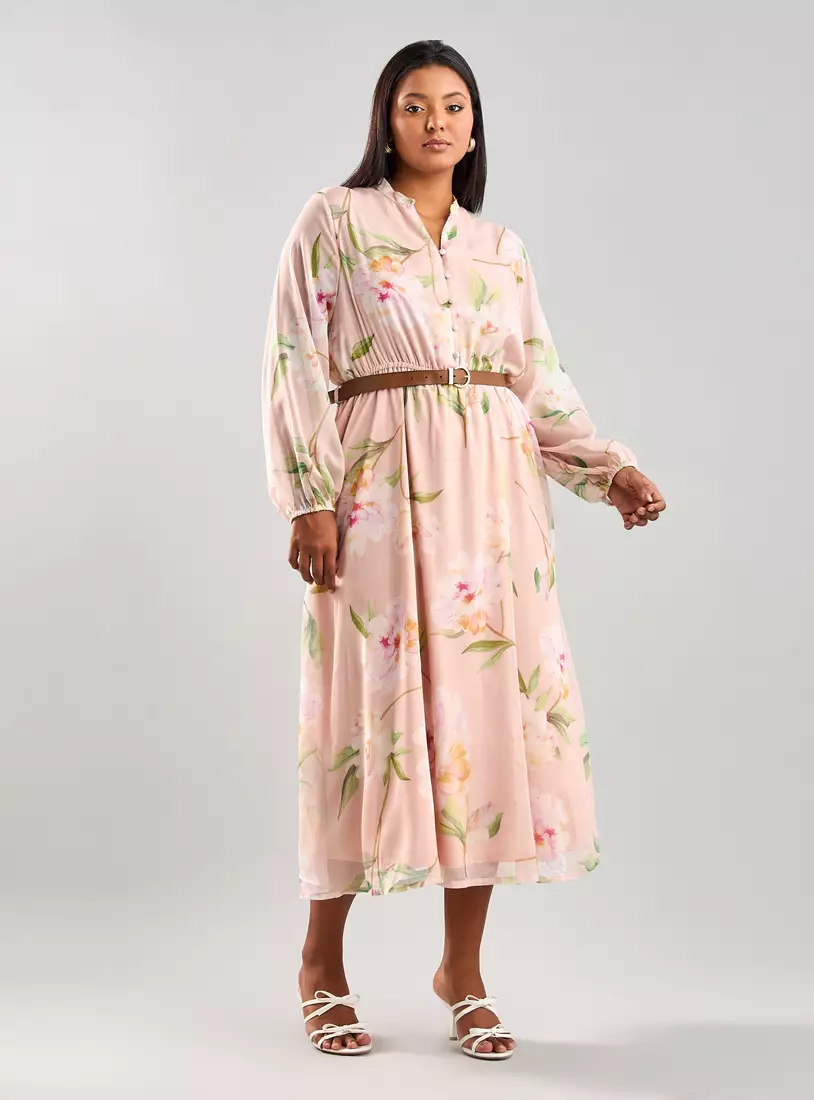 Floral Print Midi Dress with Belt-4