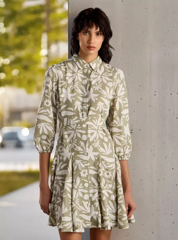 Floral Print Shirt Dress with Tie-Up-1