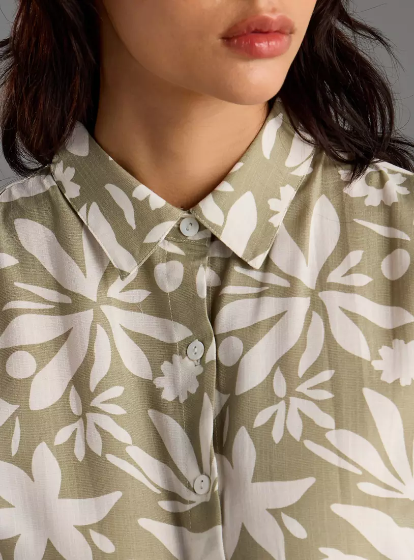 Floral Print Shirt Dress with Tie-Up-3