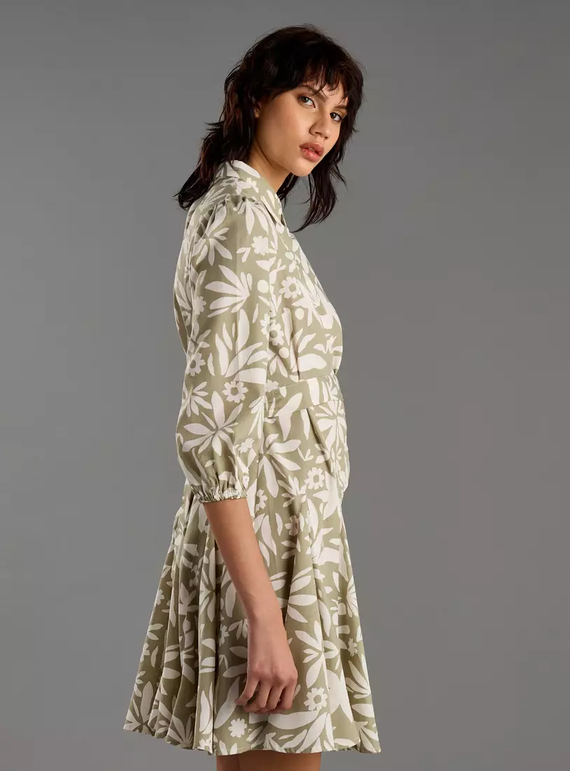 Floral Print Shirt Dress with Tie-Up-4