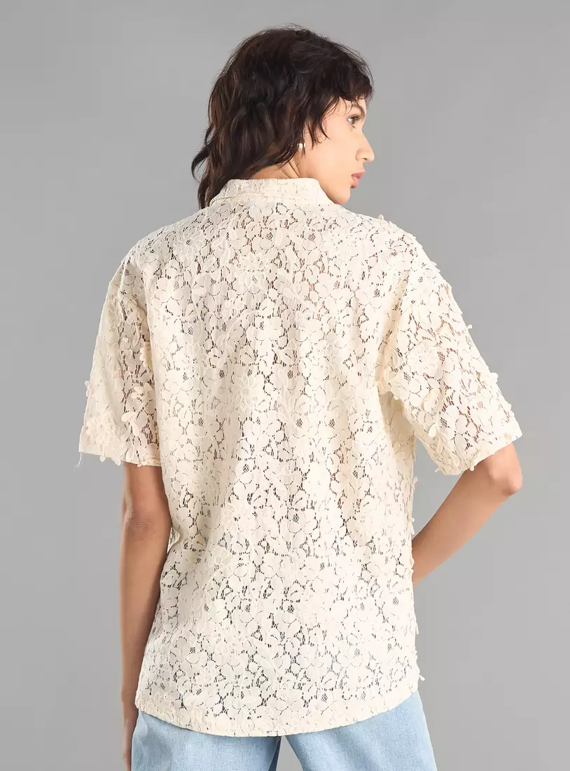 Flower Applique Lace Shirt-2