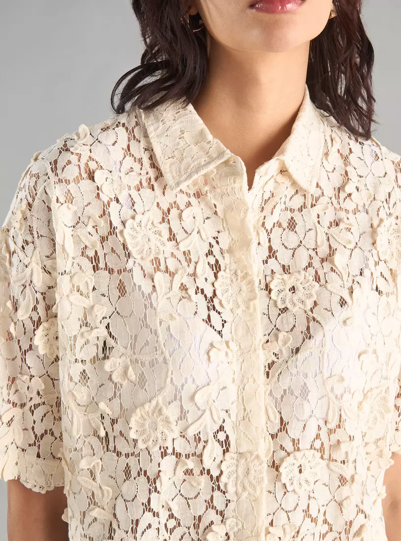 Flower Applique Lace Shirt-3