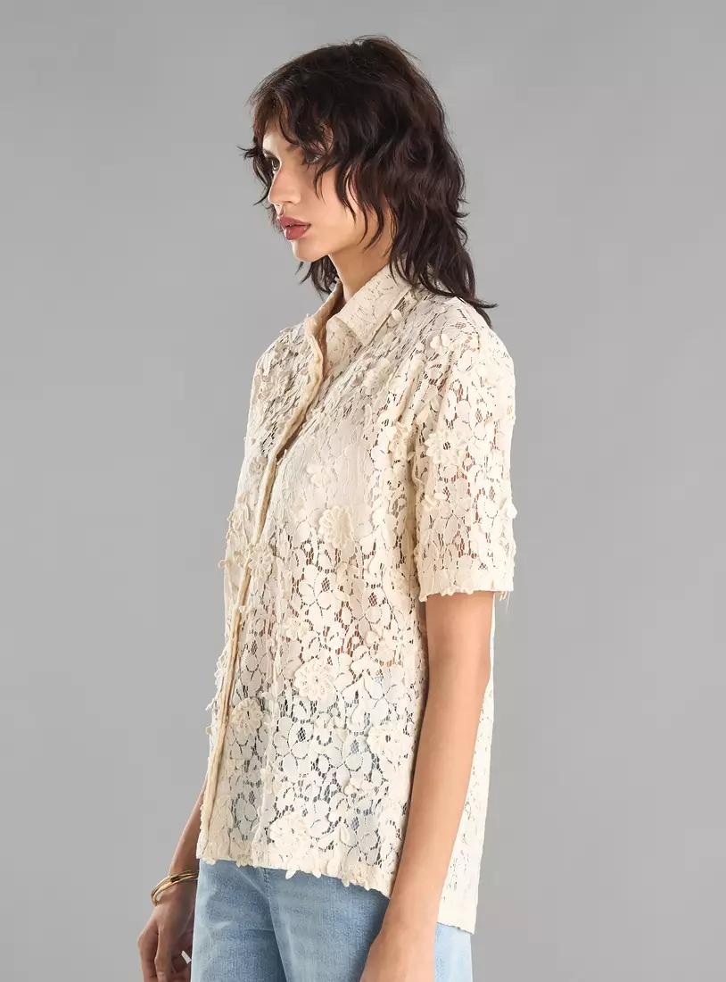 Flower Applique Lace Shirt-4