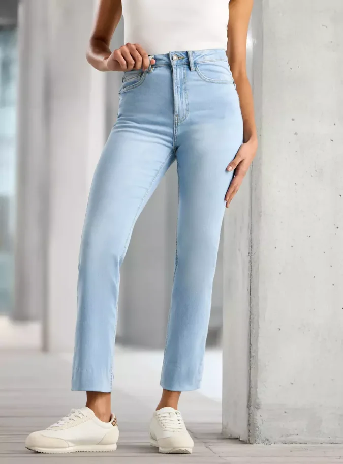 High Rise Straight Fit Cropped Jeans with Creasing-1