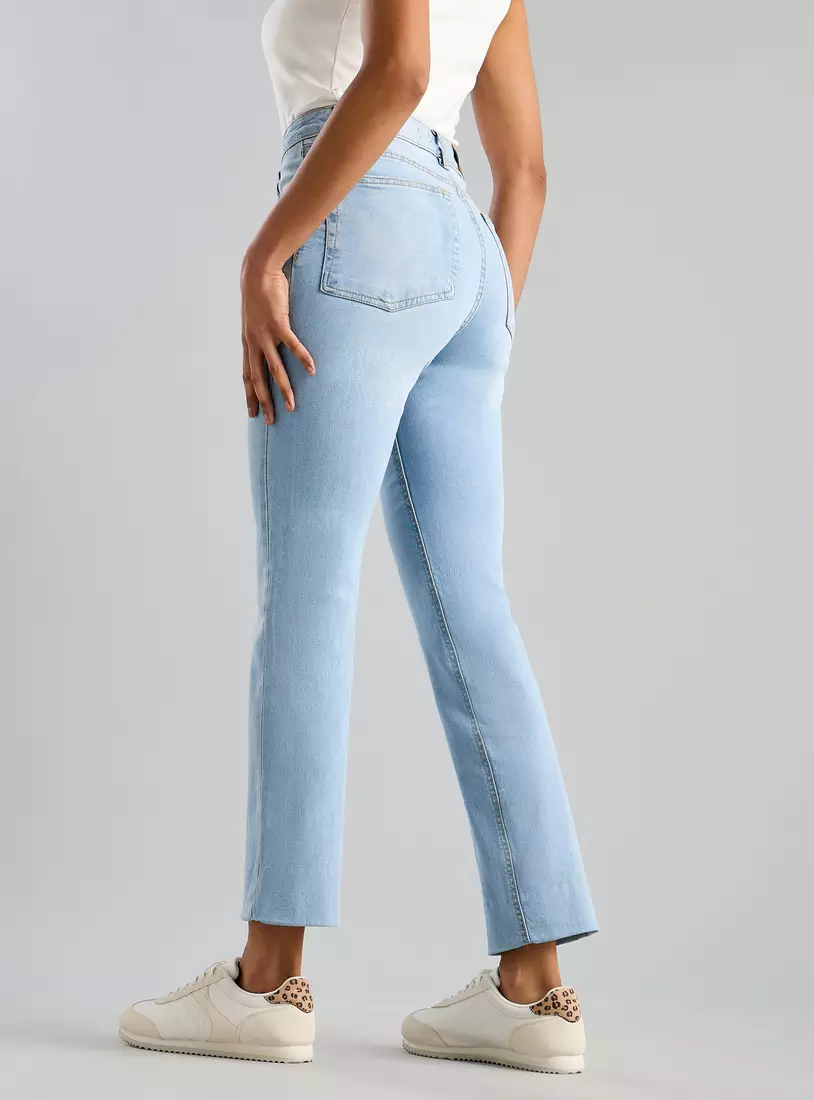 High Rise Straight Fit Cropped Jeans with Creasing-2