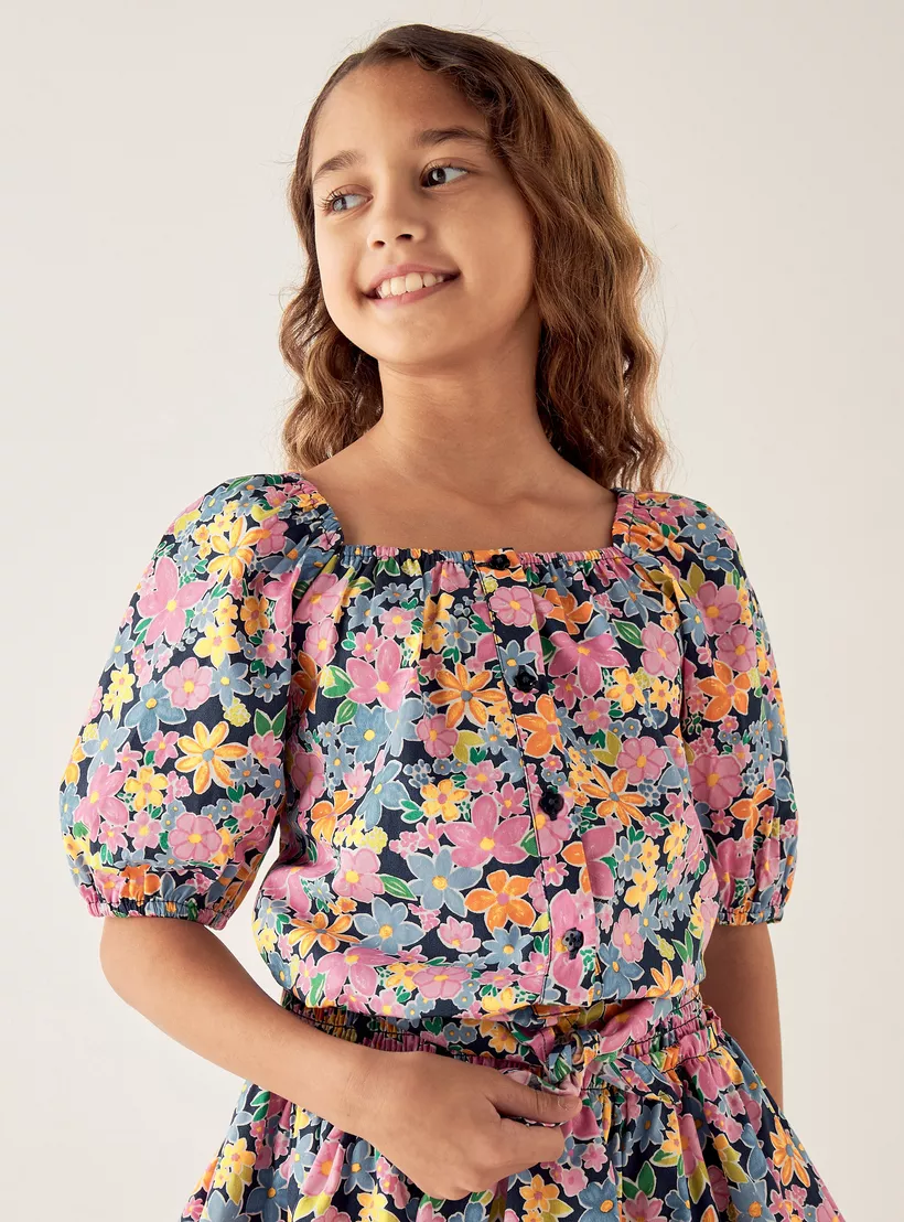 Juniors All-Over Floral Print Square Neck Top and Tiered Skirt Set-2