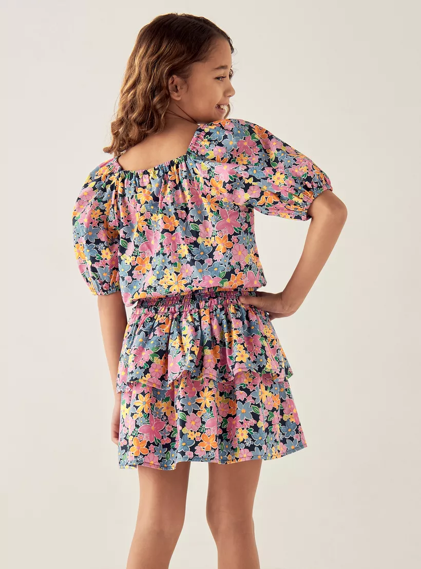 Juniors All-Over Floral Print Square Neck Top and Tiered Skirt Set-4