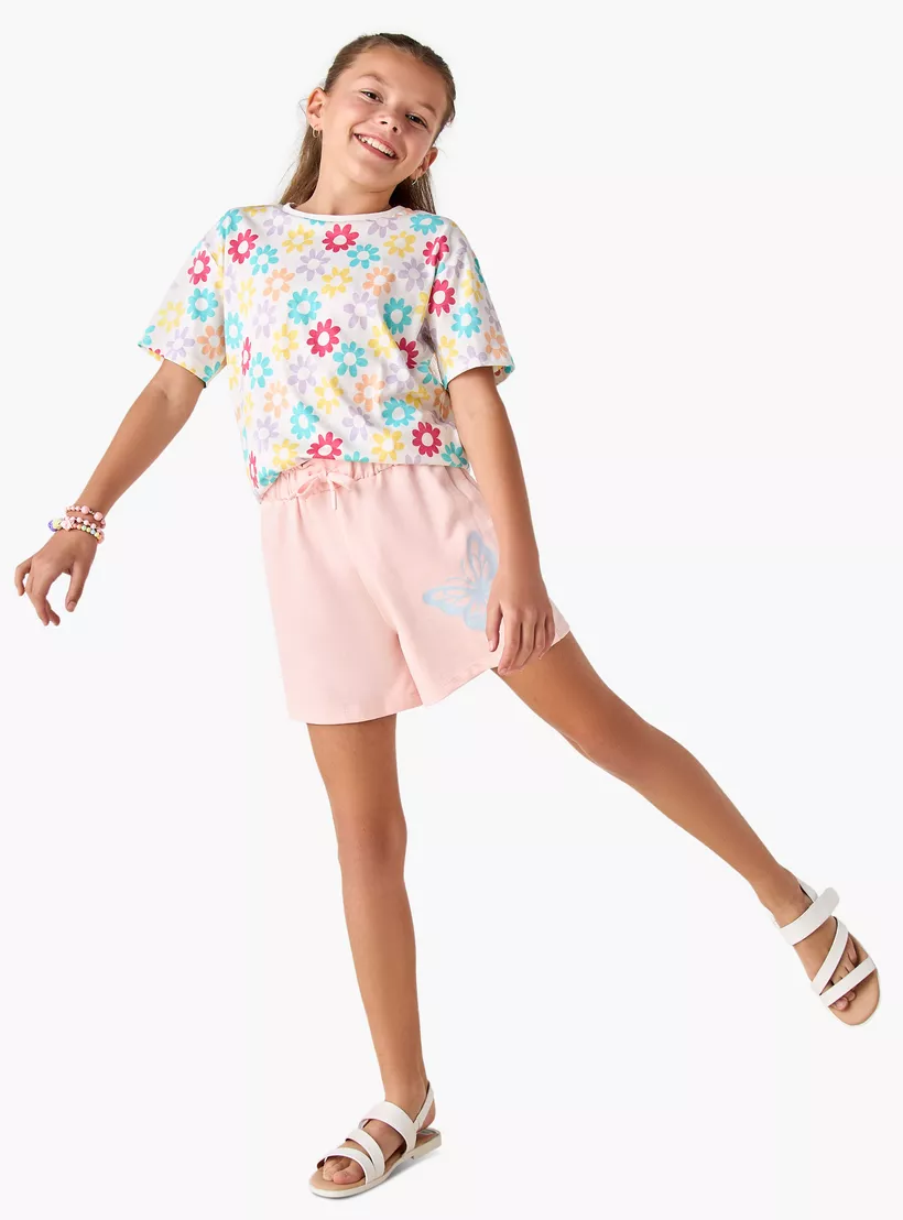 Juniors Butterfly Print Shorts with Drawstring Closure-2